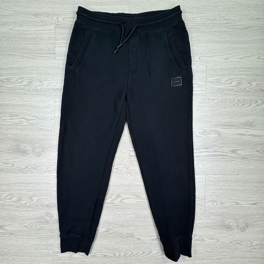 HUGO Men's Joggers French Terry Logo Patch‎ Black Medium Tapered Sweatpants